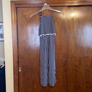 Long navy blue and white dress